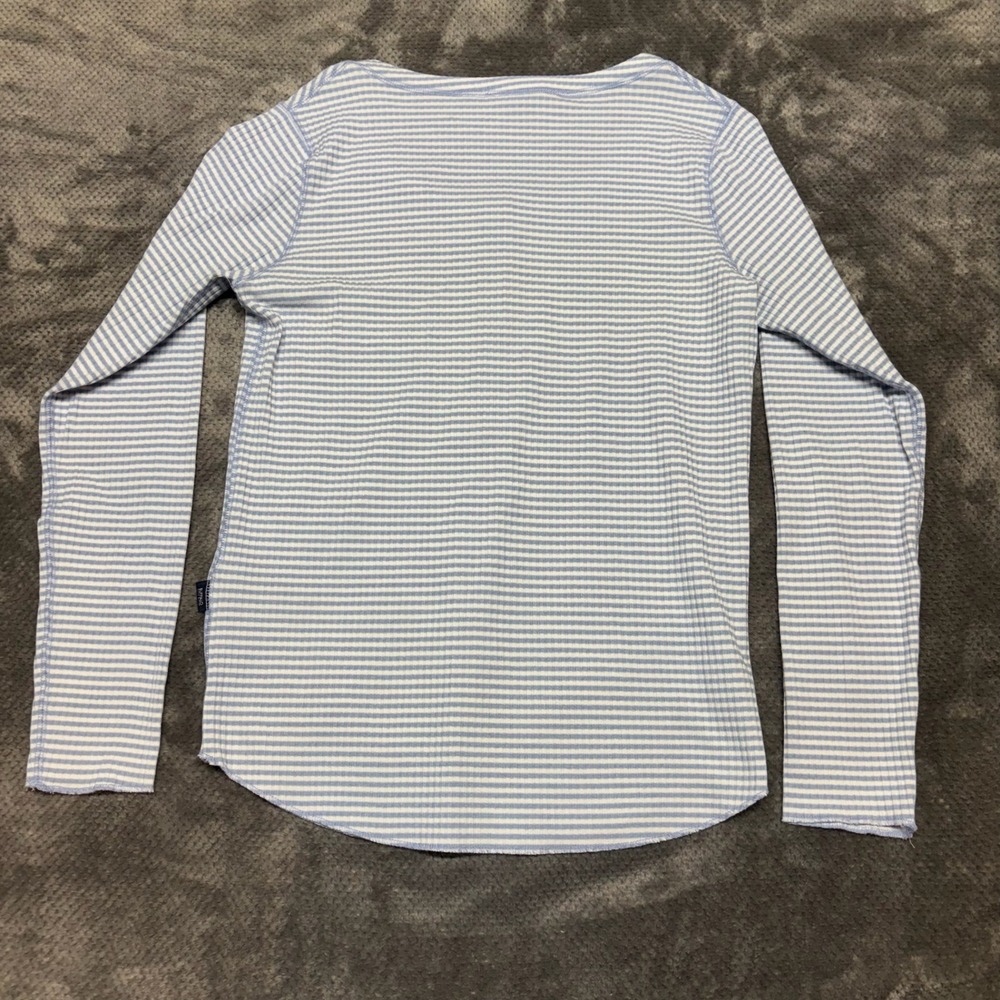 Buffalo David Bitton Womens Blue White Striped Ribbed Henley Long Sleeve Top XL - Picture 2 of 7
